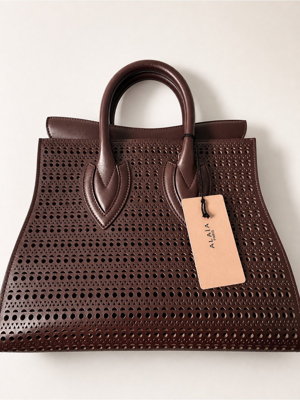 Alaïa Sidi 31 Laser Cut Leather Tote Bag Brown Medium Top Handle